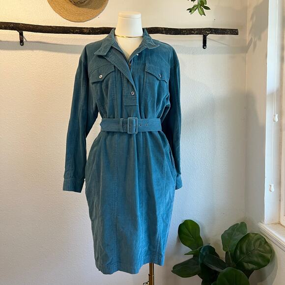 Vintage Blue Cotton Corduroy Utility Zipper Collared Shirt Belt Dress Size Small - Picture 2 of 16